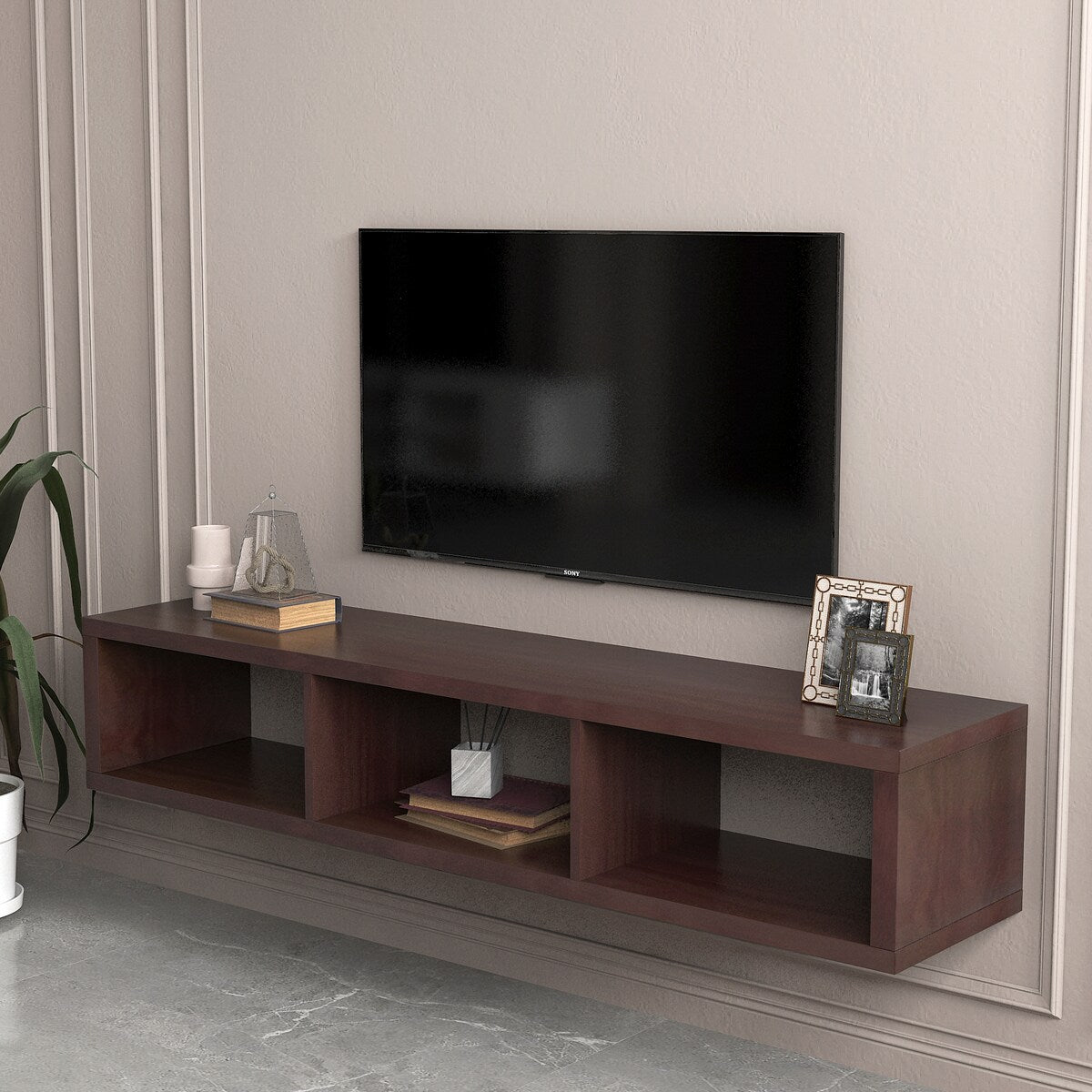 Floating Walnut/Grey TV Console, 60-Inch, Wall-Mounted Media Storage Unit for AV Components, Easy Assembly, Sturdy Construction