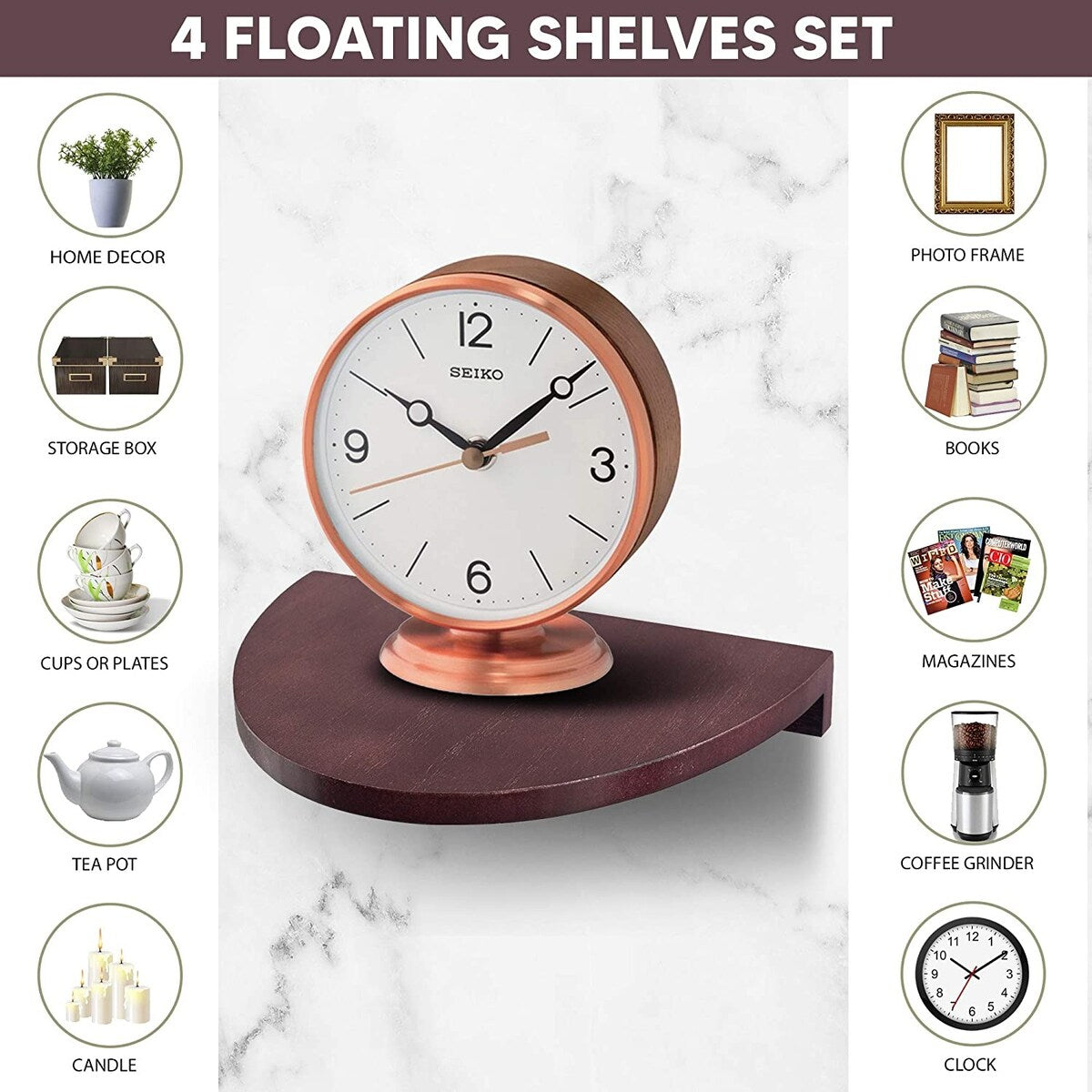 Floating Wood Shelves for Wall Semi Circle Round Set of 4 - Medium