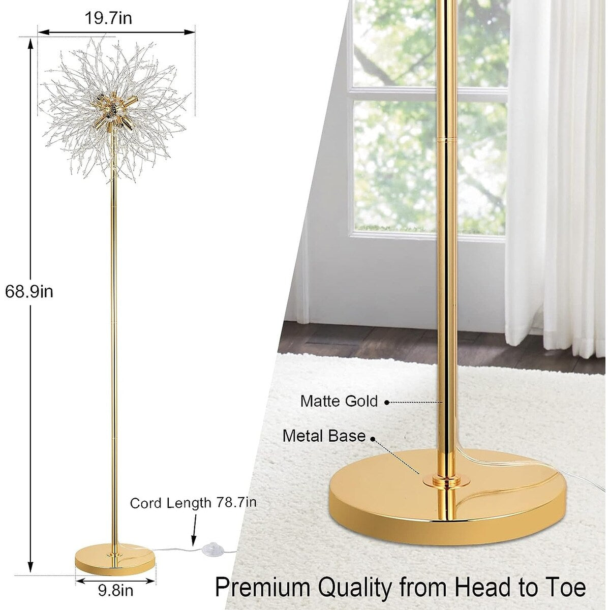 69 Crystal Floor Lamp Modern Standing Lamp with K9 Crystal LED Floor Lamp with On Off Foot Switch Metal Tall Pole Lamp Gold