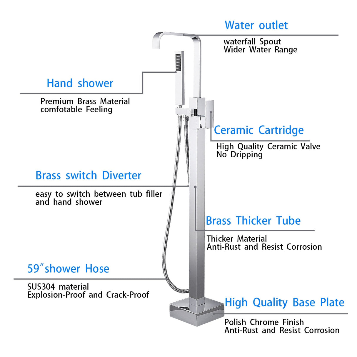 Floor Mount Bathtub Faucet Freestanding Tub Filler Polish Chrome Finish Shower Faucets with Handheld Shower