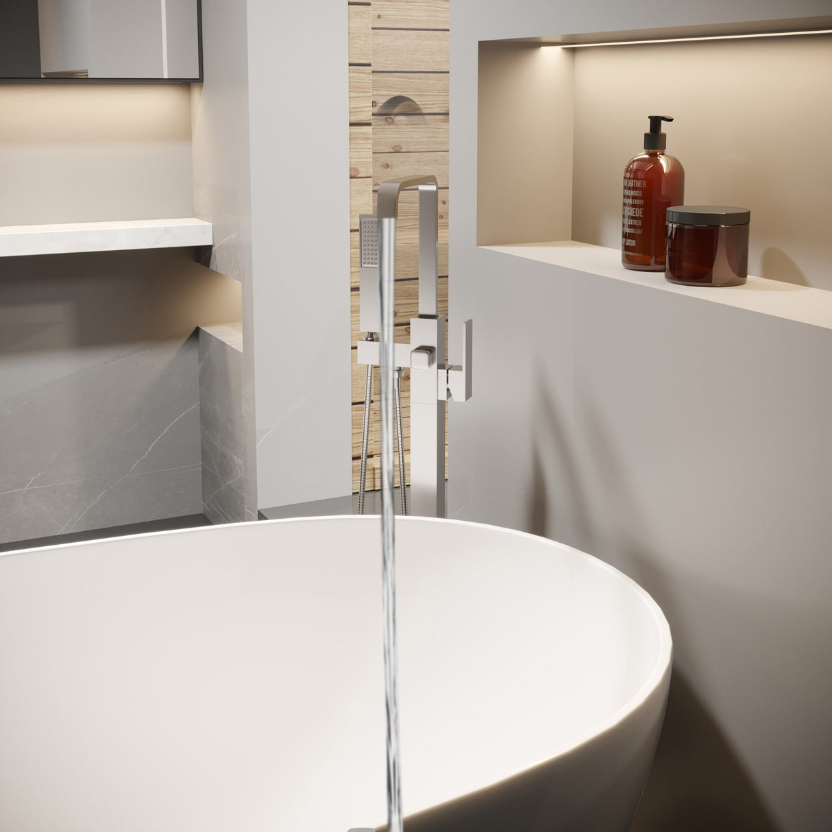Floor Mount Bathtub Faucet Freestanding Tub Filler Polish Chrome Finish Shower Faucets with Handheld Shower