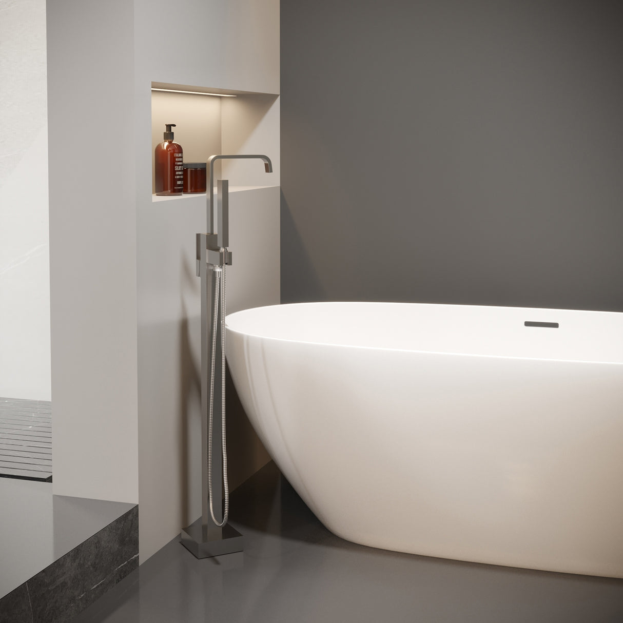 Floor Mount Bathtub Faucet Freestanding Tub Filler Polish Chrome Finish Shower Faucets with Handheld Shower