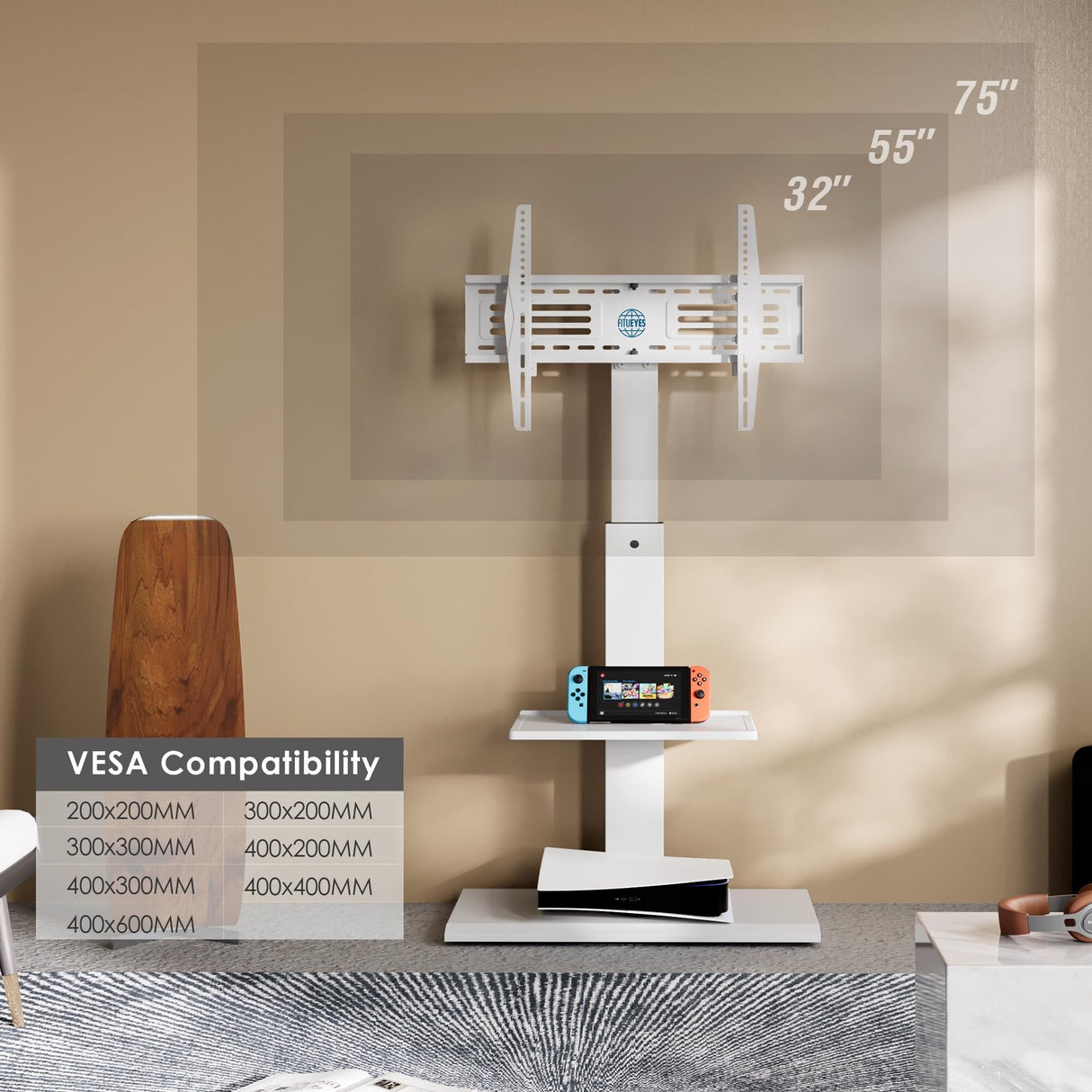 Floor TV Stands with Swivel TILT Mount for 32 - 75 Inch LCD LED TVs with Iron Base Adjustable Shelf Universal Television Stands