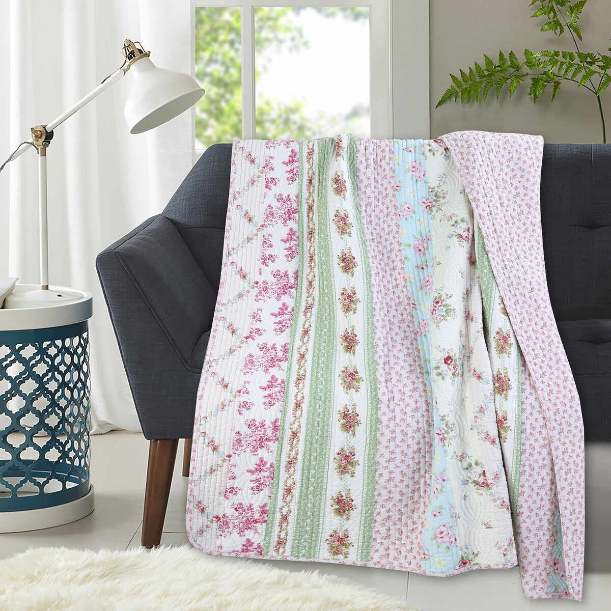 Floral Bloom Garden Vines Stripe Pink Blue Green Cotton Throw Blanket