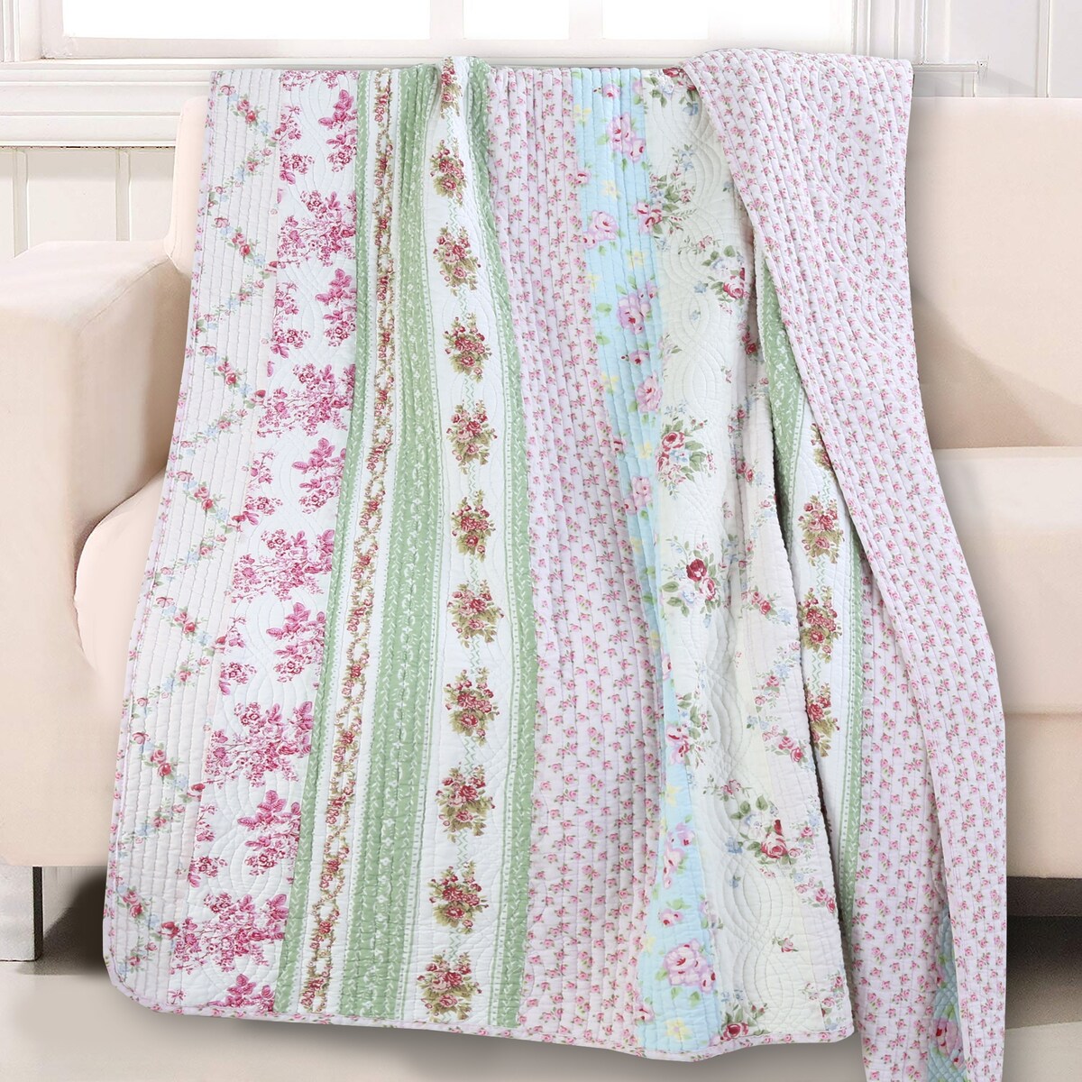 Floral Bloom Garden Vines Stripe Pink Blue Green Cotton Throw Blanket