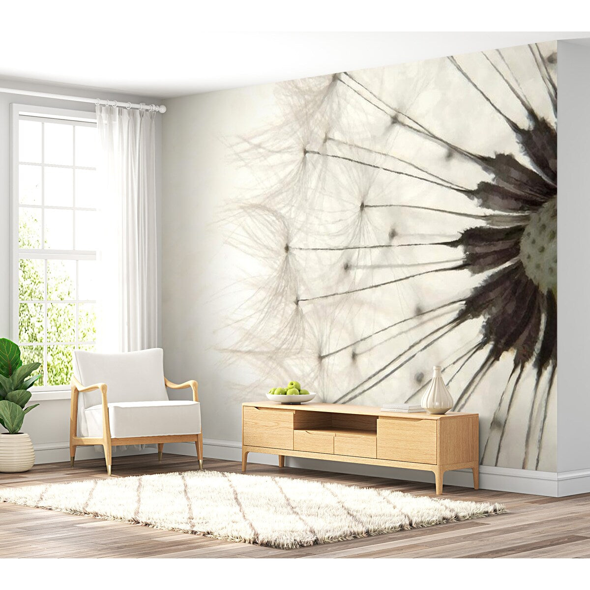 Floral Botanical Non-pasted Wallpaper Wall Mural - White Dandelion