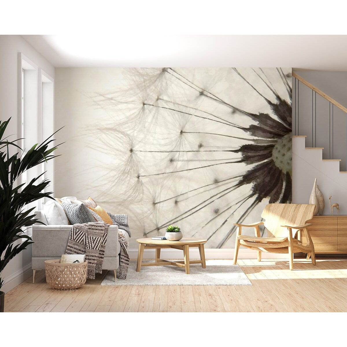 Floral Botanical Non-pasted Wallpaper Wall Mural - White Dandelion