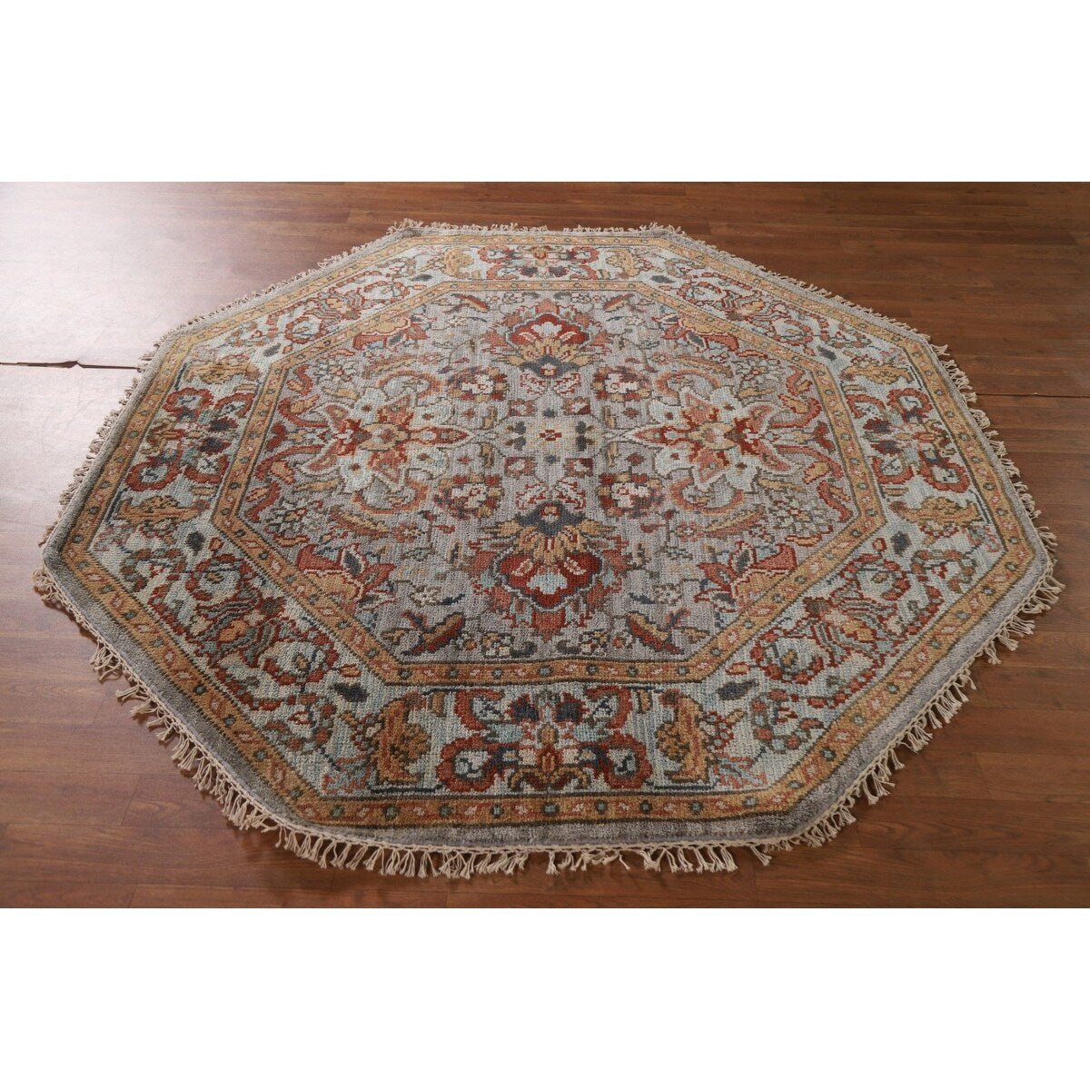 Floral Heriz Serapi Oriental Octagon Rug Handmade Wool Carpet - 6'0"x 5'9"
