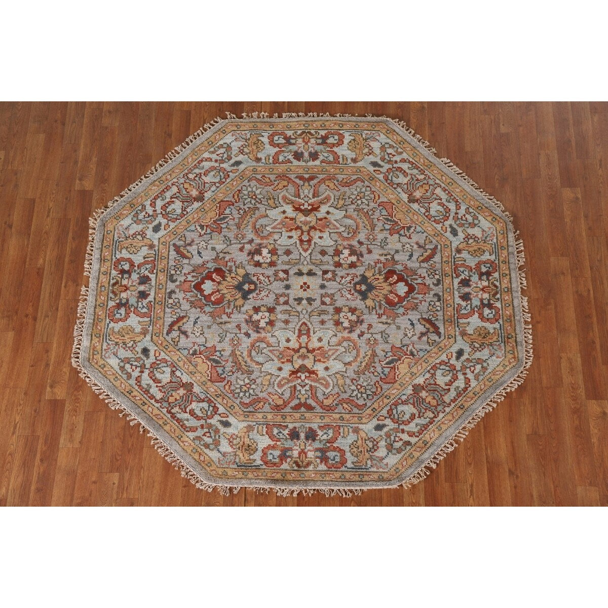 Floral Heriz Serapi Oriental Octagon Rug Handmade Wool Carpet - 6'0"x 5'9"