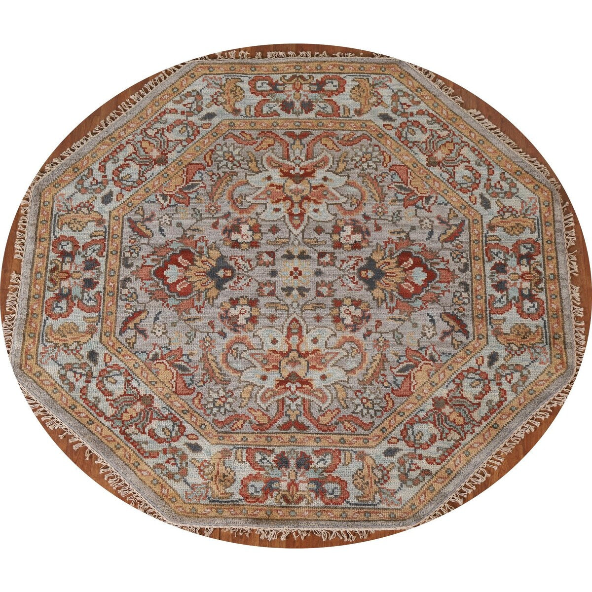 Floral Heriz Serapi Oriental Octagon Rug Handmade Wool Carpet - 6'0"x 5'9"