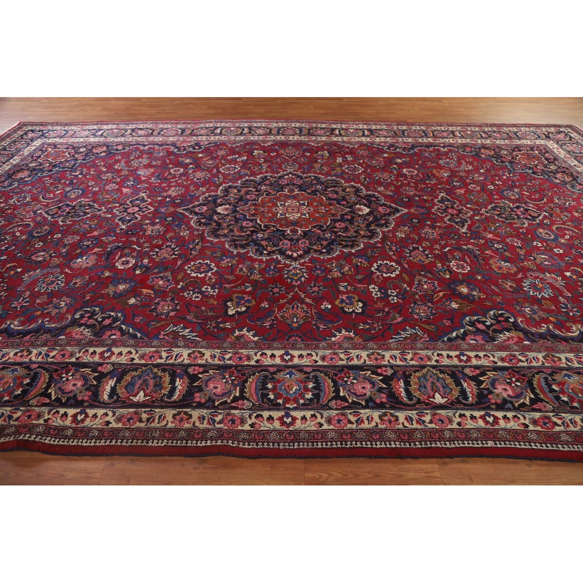 Floral Mashad Persian Large Vintage Rug Handmade Wool Carpet - 10'3" x 15'10"