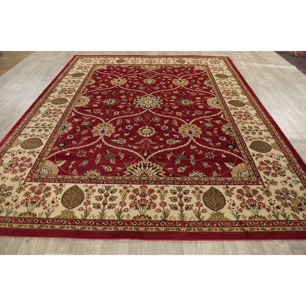 Floral Oriental All-Over Area Rug Aubusson Red Ivory Decorative Carpet - 7'11" x 9'10"