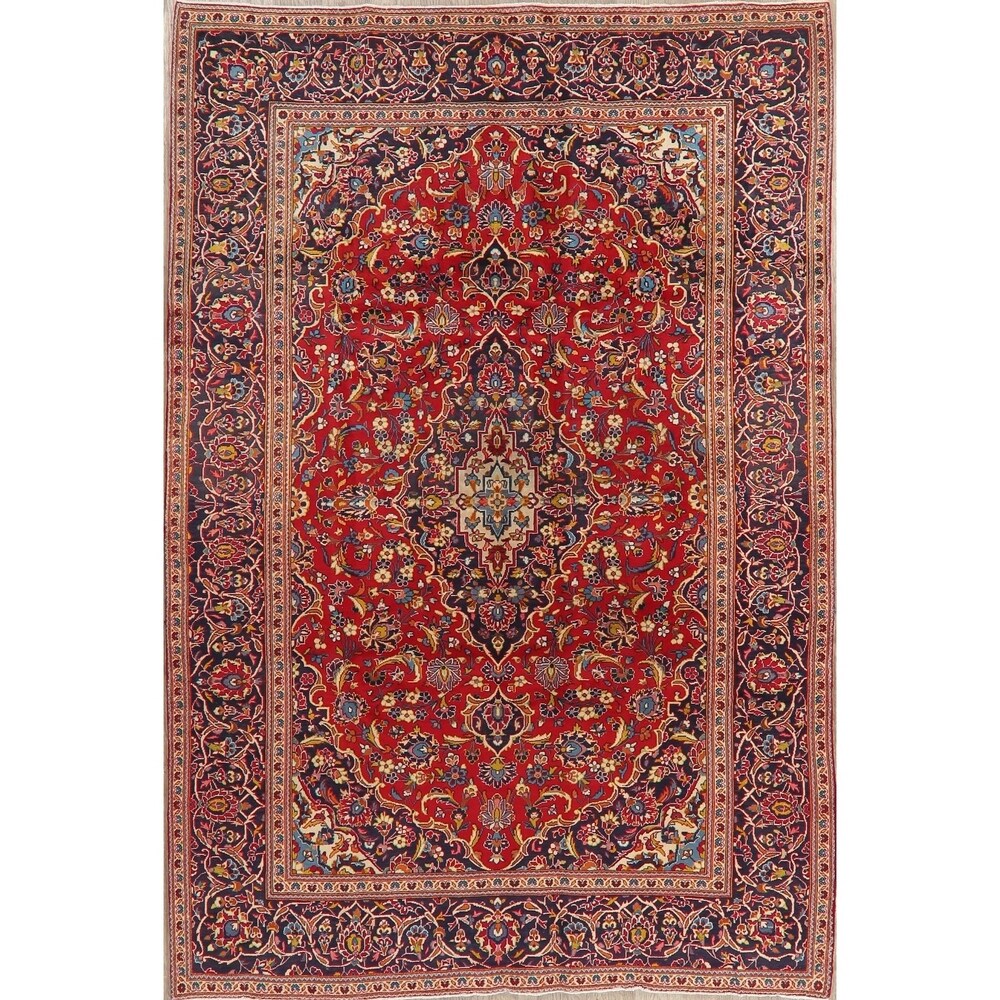 Floral Red/Navy Kashan Persian Area Rug Handmade Traditional Carpet - 6'5" x 9'10"