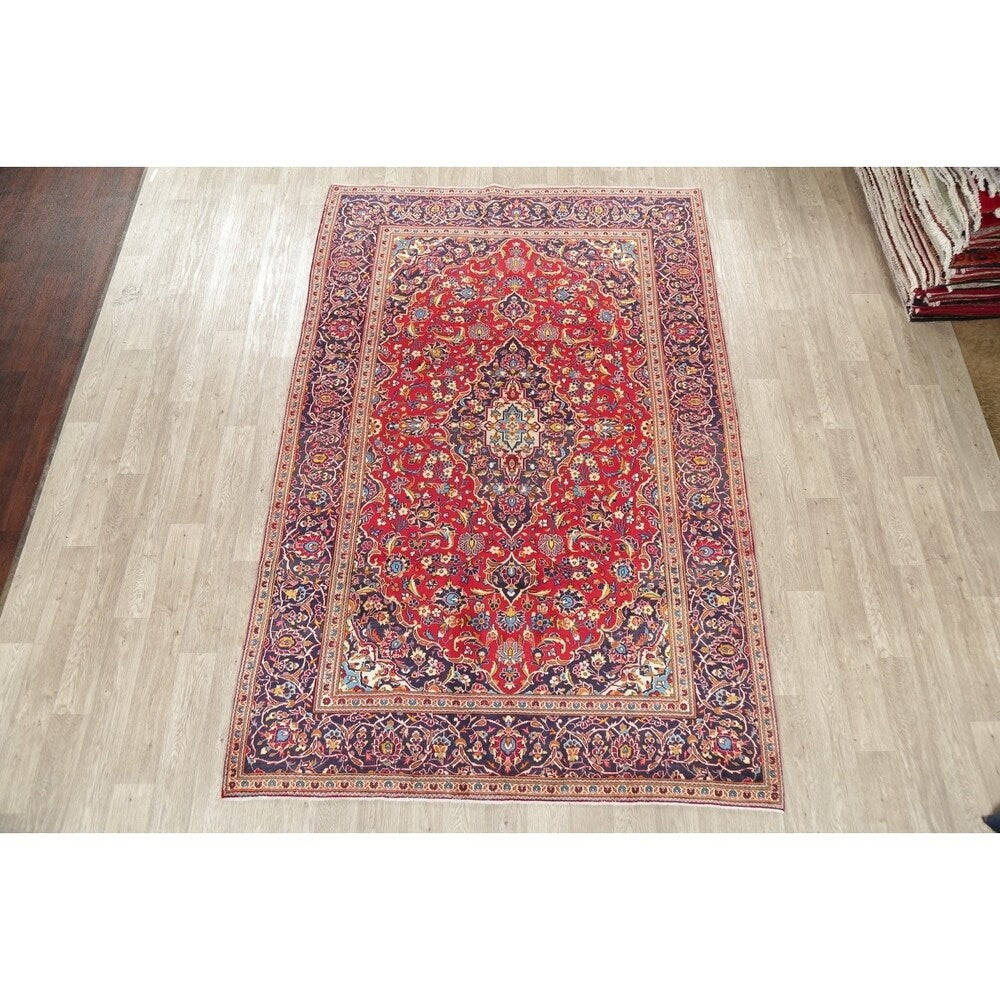 Floral Red/Navy Kashan Persian Area Rug Handmade Traditional Carpet - 6'5" x 9'10"