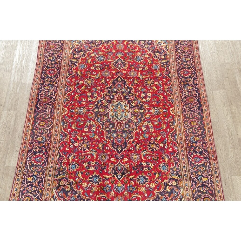 Floral Red/Navy Kashan Persian Area Rug Handmade Traditional Carpet - 6'5" x 9'10"