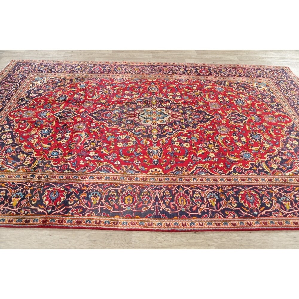 Floral Red/Navy Kashan Persian Area Rug Handmade Traditional Carpet - 6'5" x 9'10"