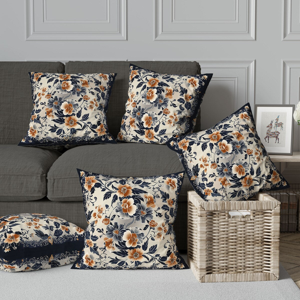 Flower Hub Broadcloth Pillow With Removable Cover in Orange Indigo