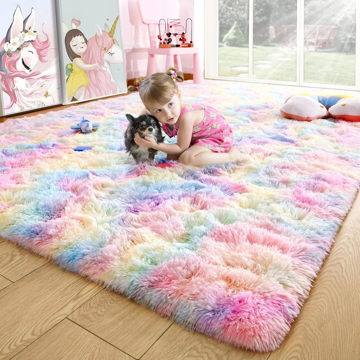 Fluffy Rainbow Nursery Rugs for Girls Kids Play Room Mats