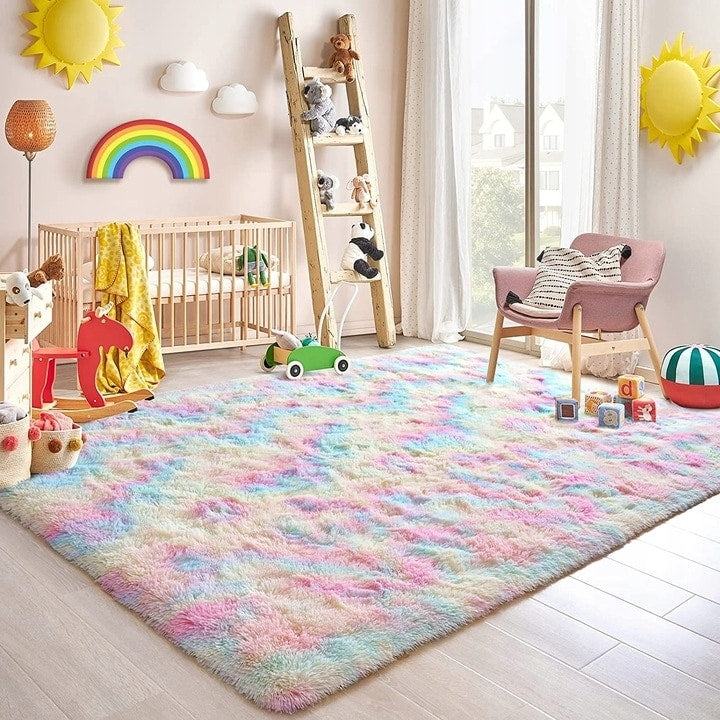 Fluffy Rainbow Nursery Rugs for Girls Kids Play Room Mats