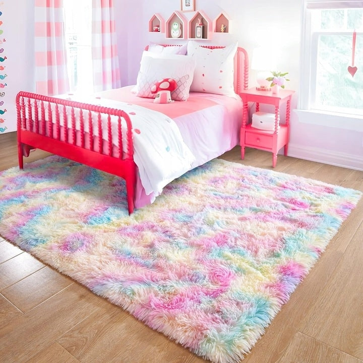 Fluffy Rainbow Nursery Rugs for Girls Kids Play Room Mats