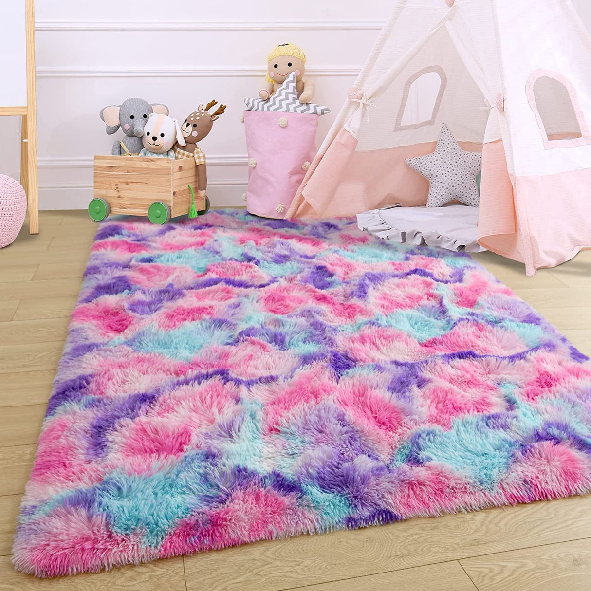 Fluffy Rainbow Nursery Rugs for Girls Kids Play Room Mats