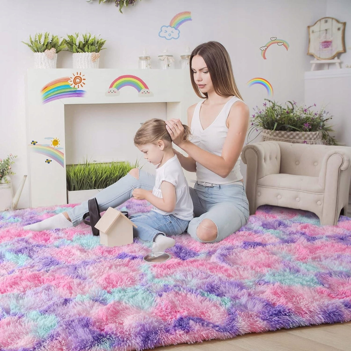 Fluffy Rainbow Nursery Rugs for Girls Kids Play Room Mats