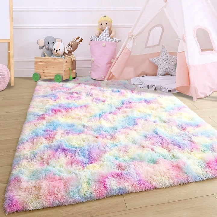 Fluffy Rainbow Nursery Rugs for Girls Kids Play Room Mats