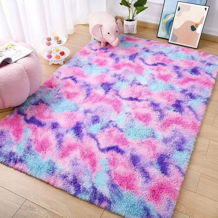 Fluffy Rainbow Nursery Rugs for Girls Kids Play Room Mats