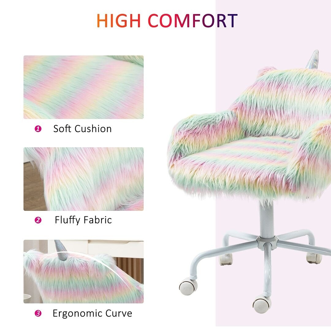 Fluffy Unicorn Office Chair with Wheels, Adjustable Height, Rainbow