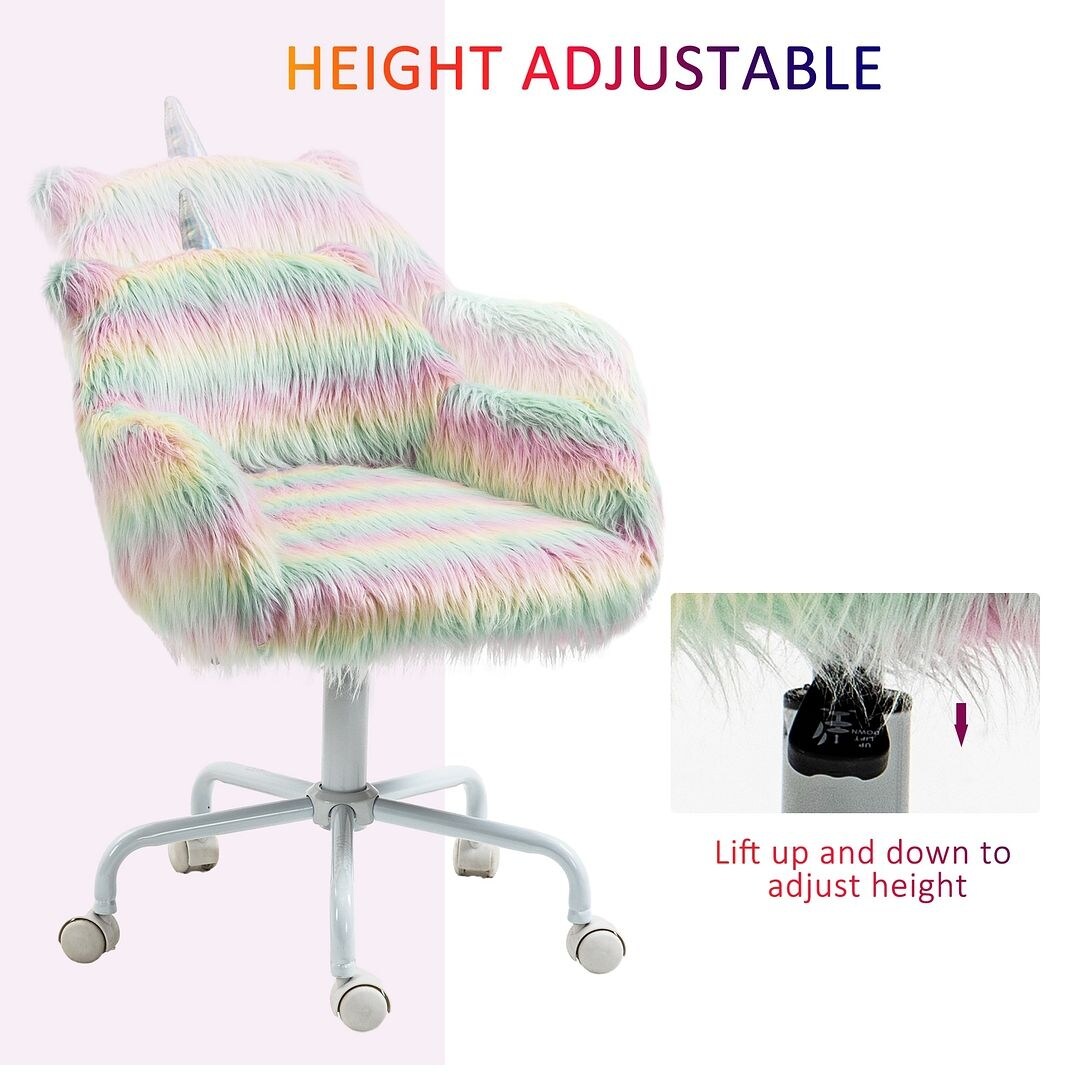 Fluffy Unicorn Office Chair with Wheels, Adjustable Height, Rainbow