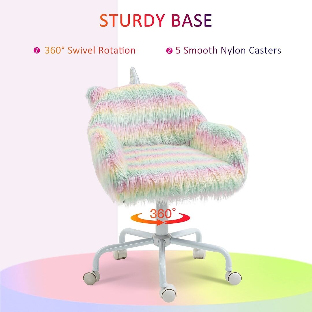 Fluffy Unicorn Office Chair with Wheels, Adjustable Height, Rainbow