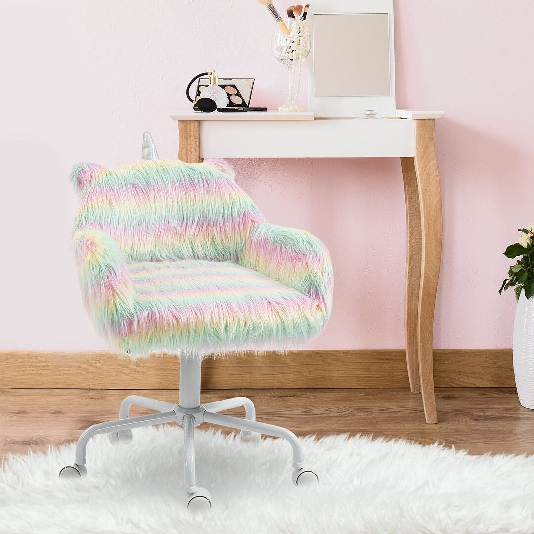 Fluffy Unicorn Office Chair with Wheels, Adjustable Height, Rainbow
