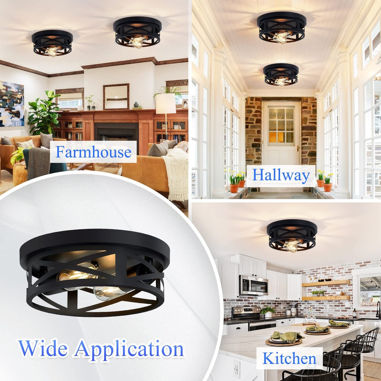 Flush Mount Ceiling Light Fixture,Black 2-Light Hallway Light Fixtures Ceiling,Light Fixtures Ceiling Mount(2 Pack)