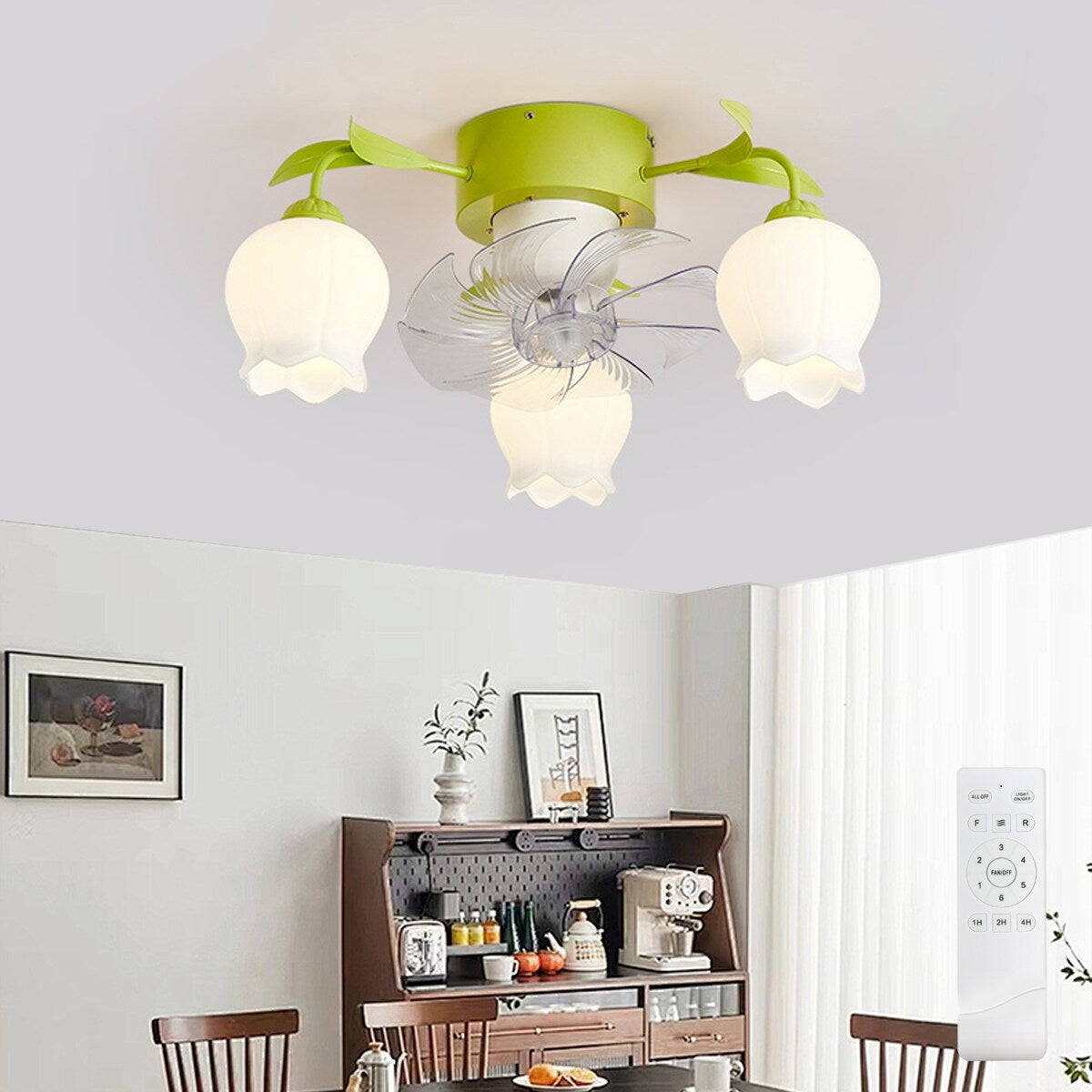 Flush Mount White Ceiling Fan with Remote, Modern Flower Fandelier for