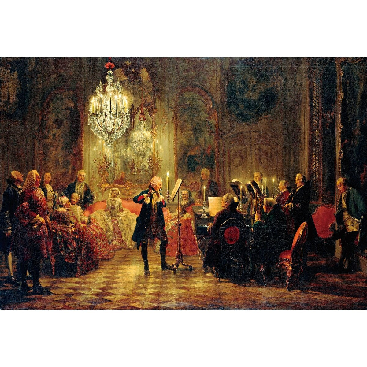 Flute Concert with Frederick the Great in Sanssouci by Adolph von Menzel Giclee Print Oil Painting Gold Frame Size 23" x 17"