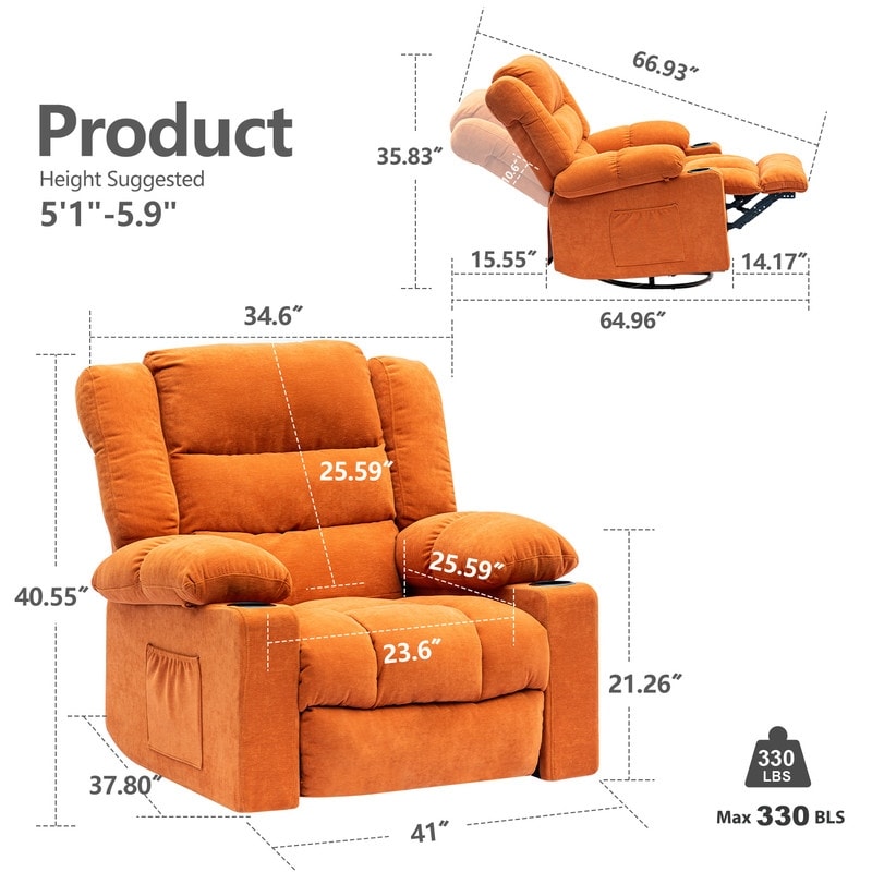 Foam Manual Swivel Rocker Recliner Heating Massage Chair, Orange