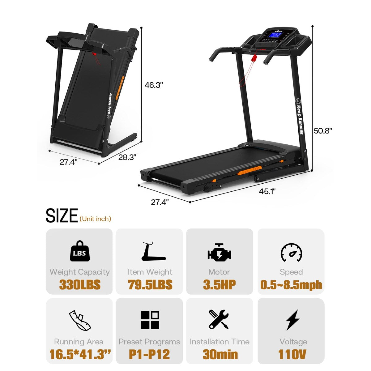 Foldable Treadmill with Incline, Folding Treadmill for Home Electric,Handrail Controls Speed, Pulse Monitor