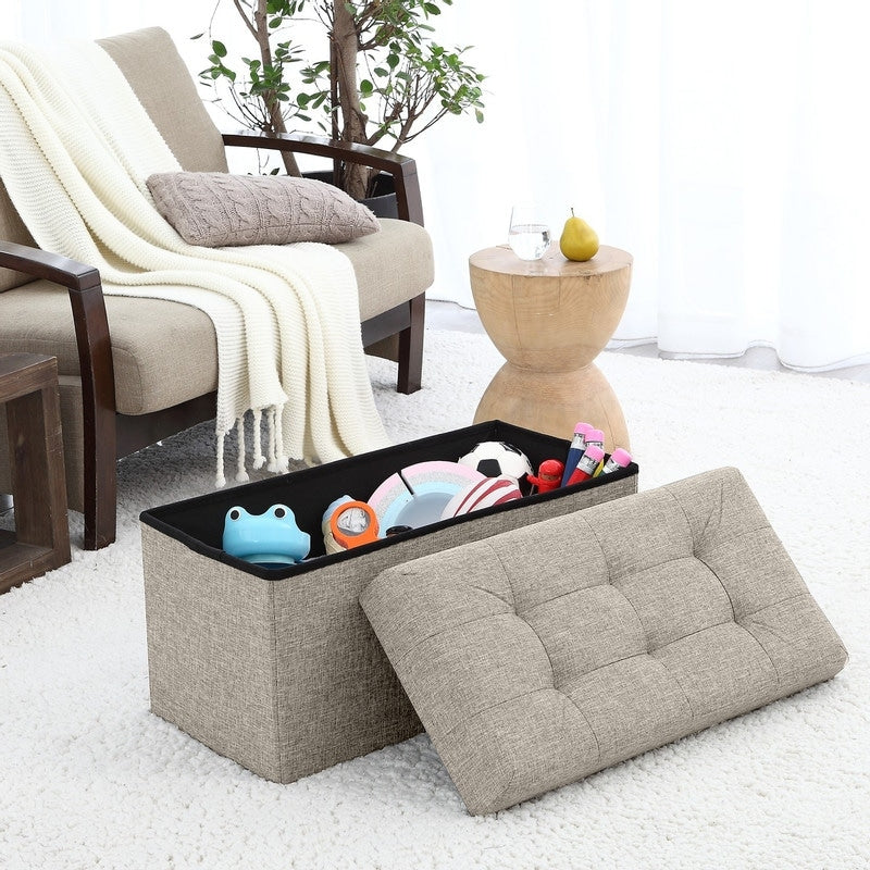 Foldable Tufted Linen Large Storage Ottoman Bench Foot Rest Stool/Seat - 15" x 30" x 15"