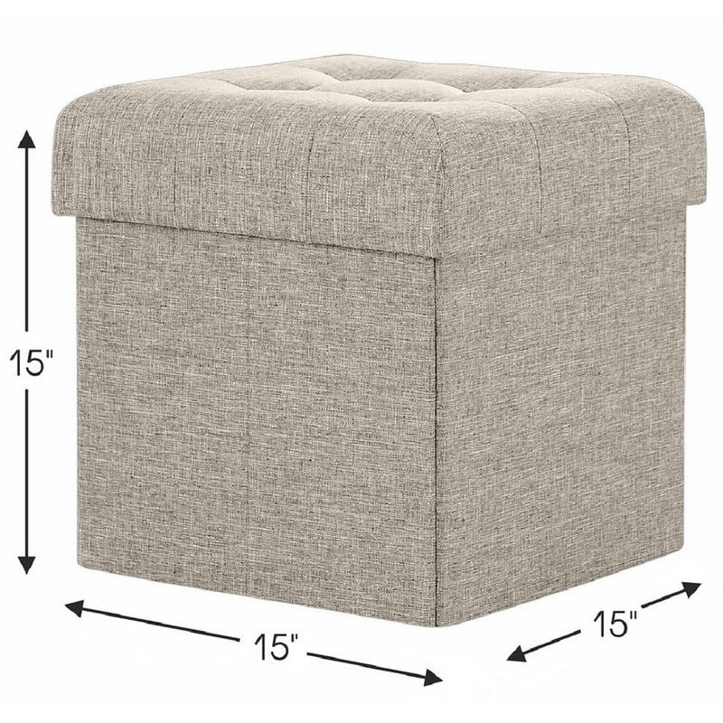 Foldable Tufted Linen Storage Ottoman