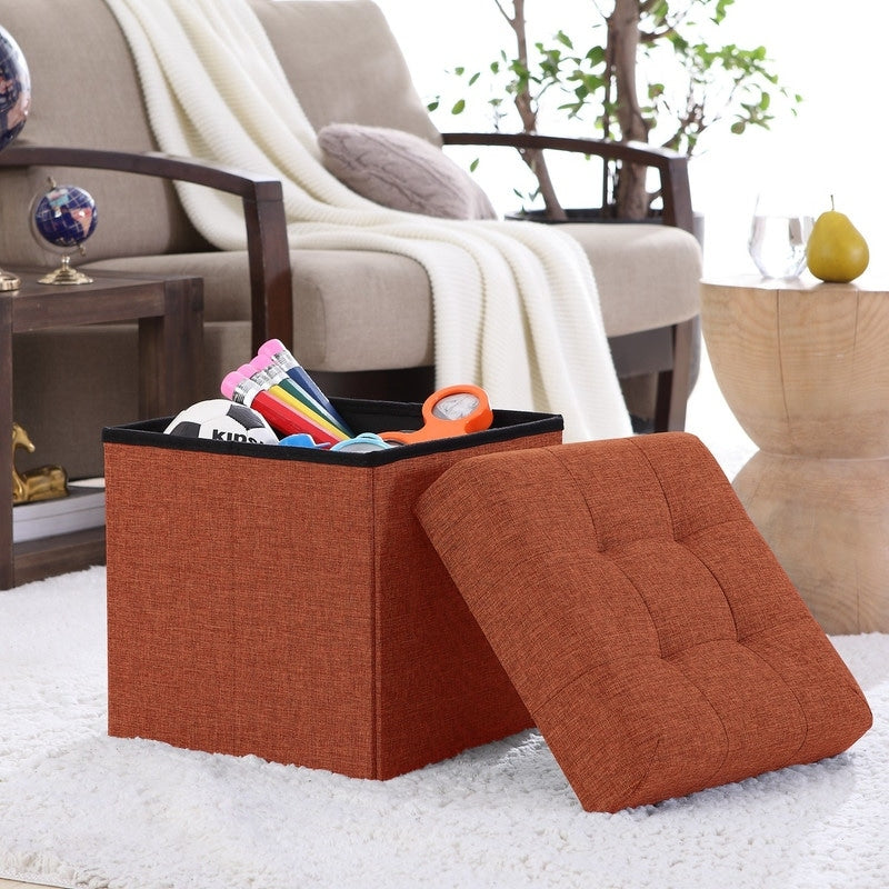Foldable Tufted Linen Storage Ottoman