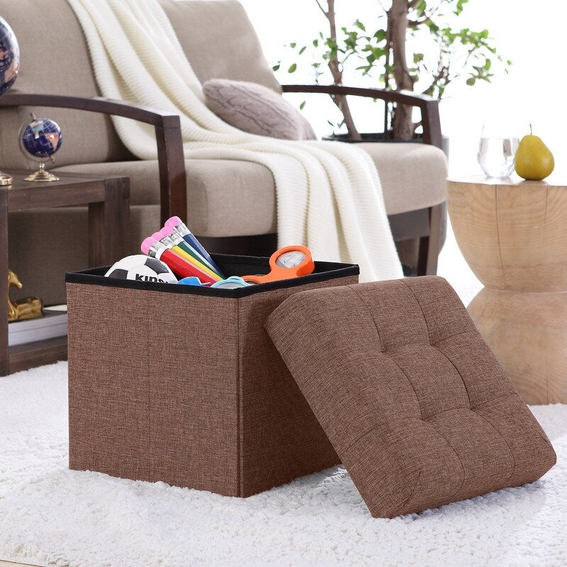 Foldable Tufted Linen Storage Ottoman