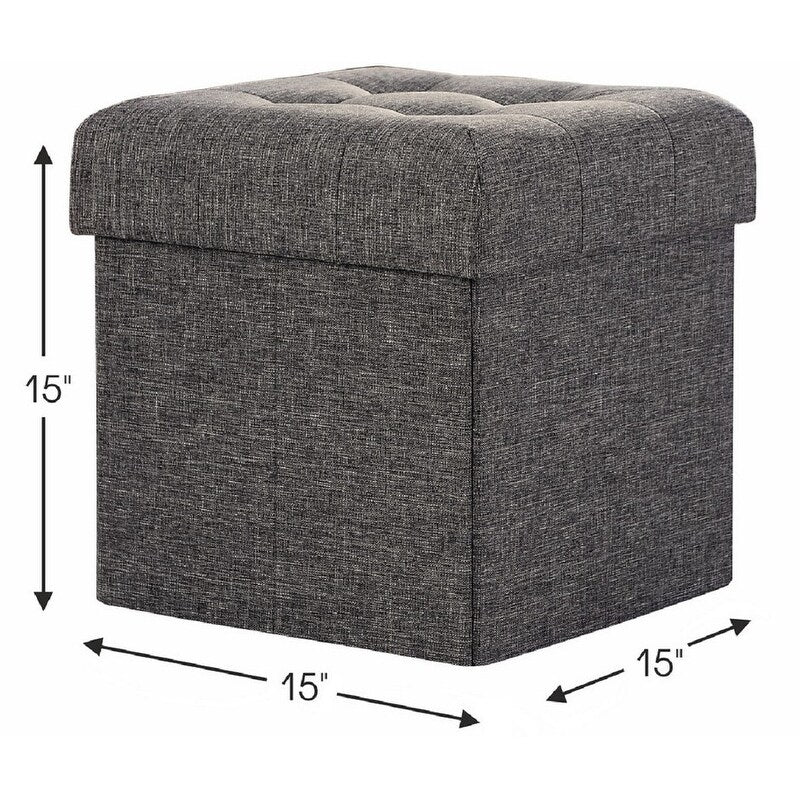 Foldable Tufted Linen Storage Ottoman