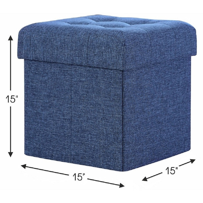 Foldable Tufted Linen Storage Ottoman