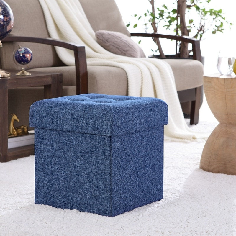 Foldable Tufted Linen Storage Ottoman