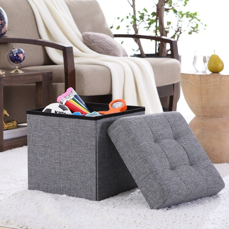 Foldable Tufted Linen Storage Ottoman