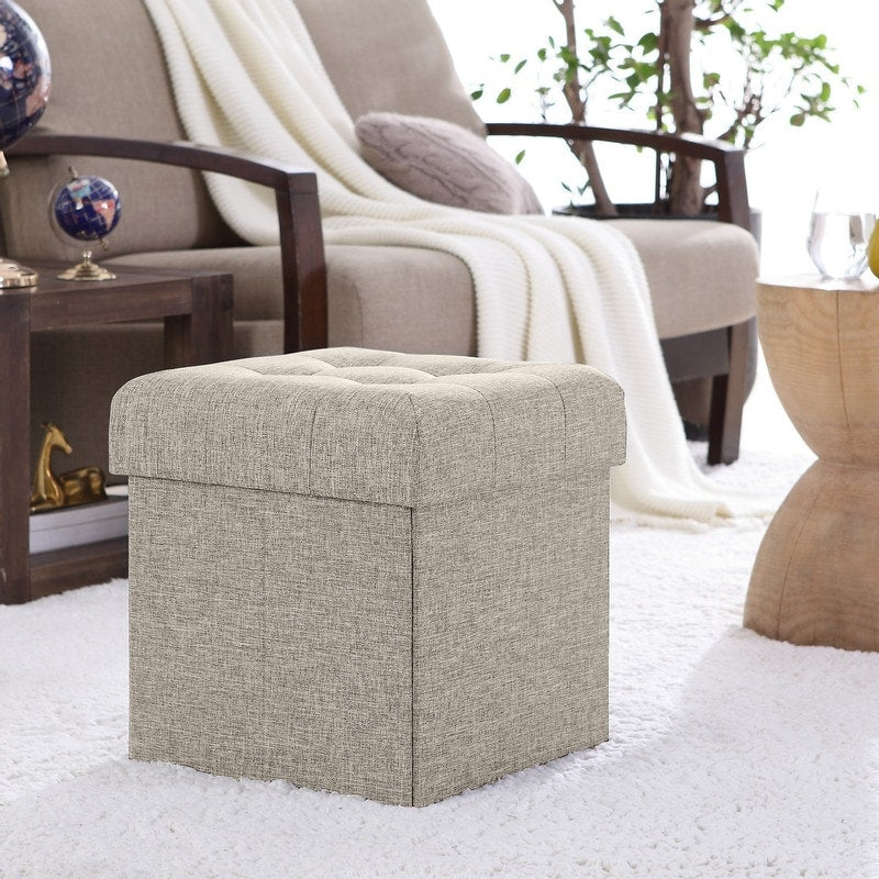 Foldable Tufted Linen Storage Ottoman