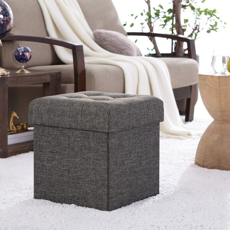 Foldable Tufted Linen Storage Ottoman