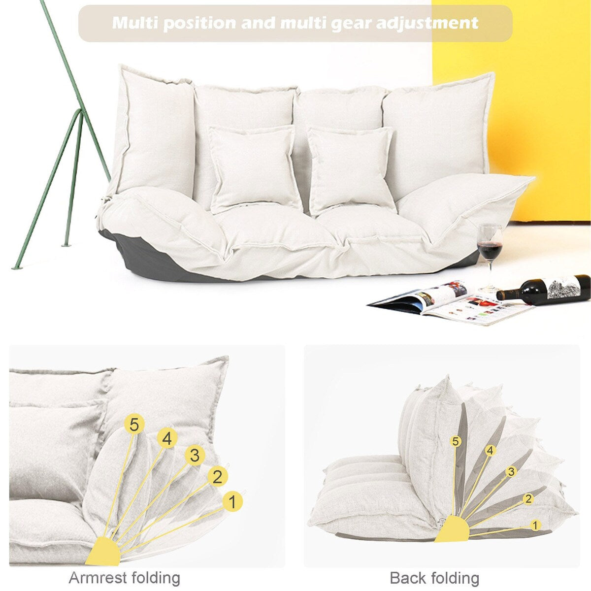 Folding Couch Bed Convertible Floor Sofa, with 2 Pillows Foldable 63 Inch Guest Chaise Lounge Linen Fabric