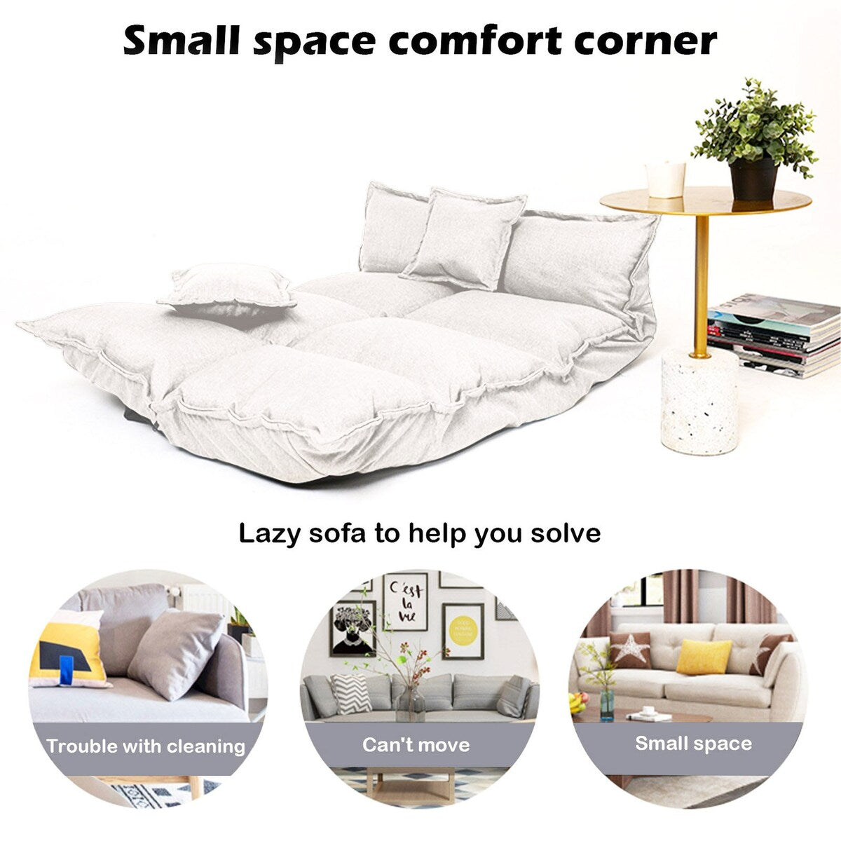 Folding Couch Bed Convertible Floor Sofa, with 2 Pillows Foldable 63 Inch Guest Chaise Lounge Linen Fabric