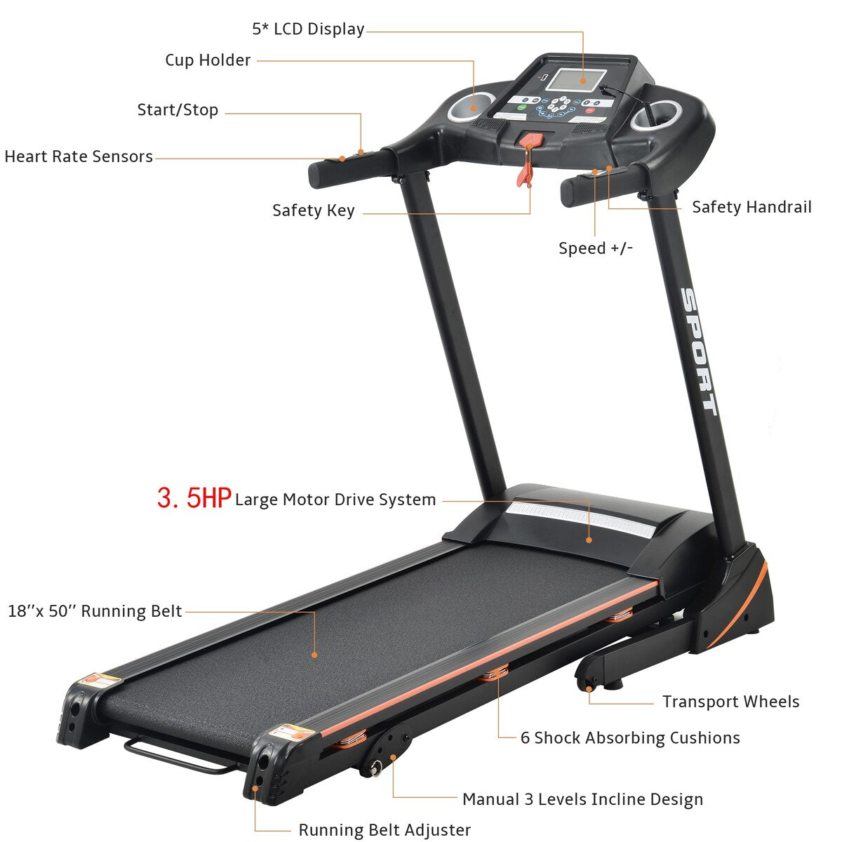 Folding Electric 3.5HP Treadmill With Incline Medium Running Machine
